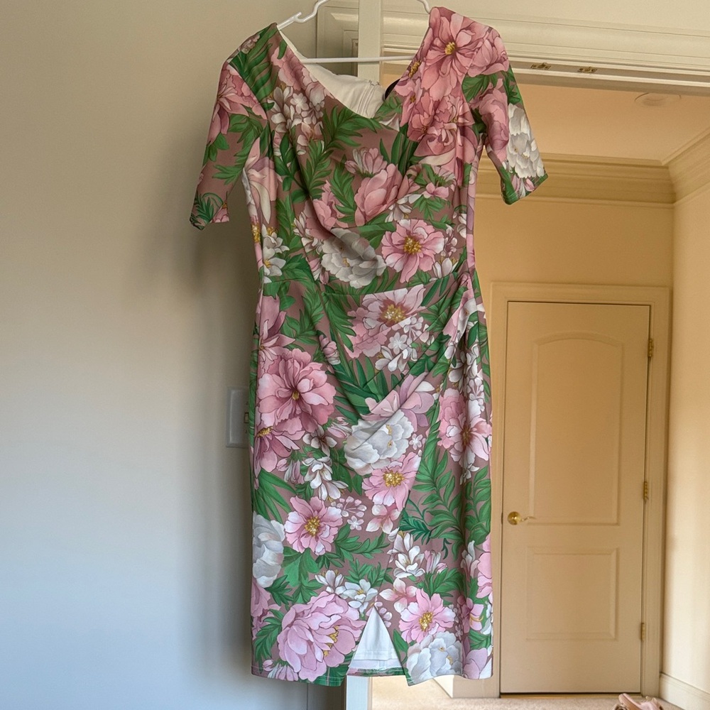 Tadashi Shoji Floral Midi Dress in Pink and Green